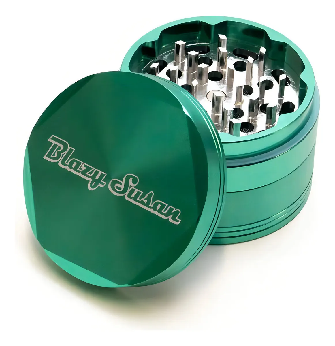 A green metal grinder with a lid and a collection of metal rods inside.