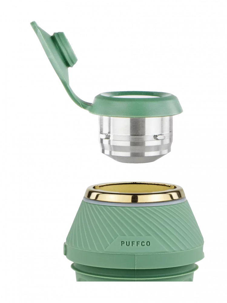 A green and gold insulated coffee thermos with a green lid and a silver base, labeled "PUFFCO".