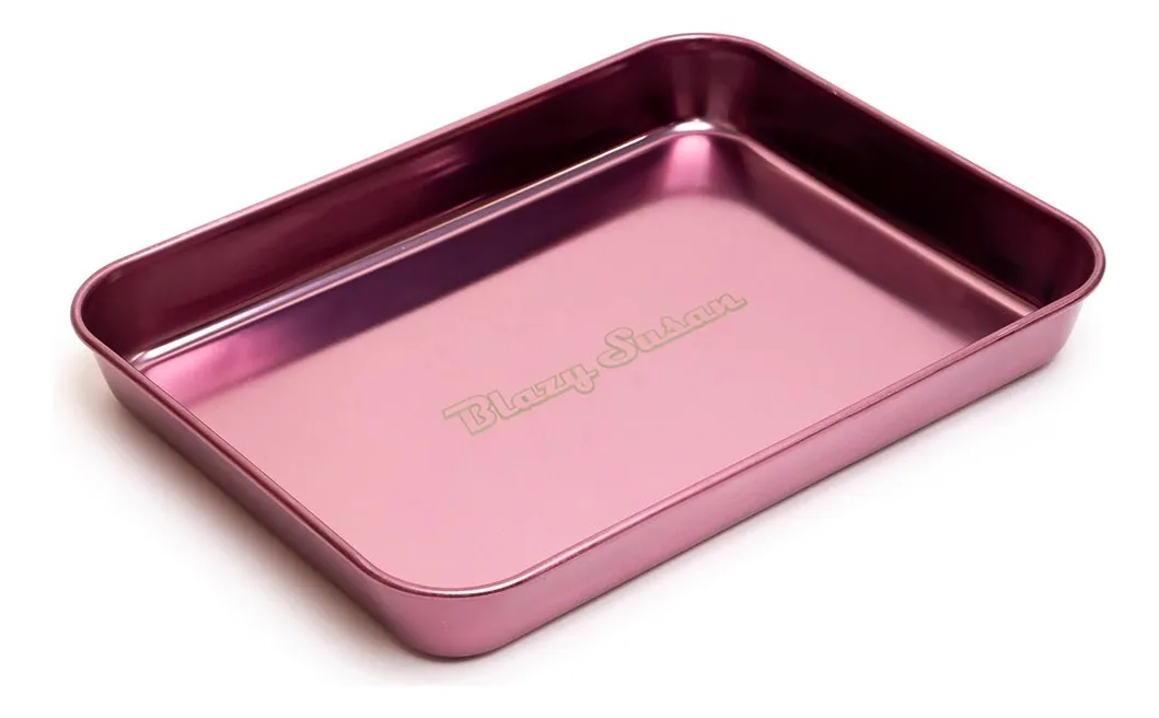 A rectangular, metallic, pink-colored baking tray with the text "Blazzy Susan" printed on it.