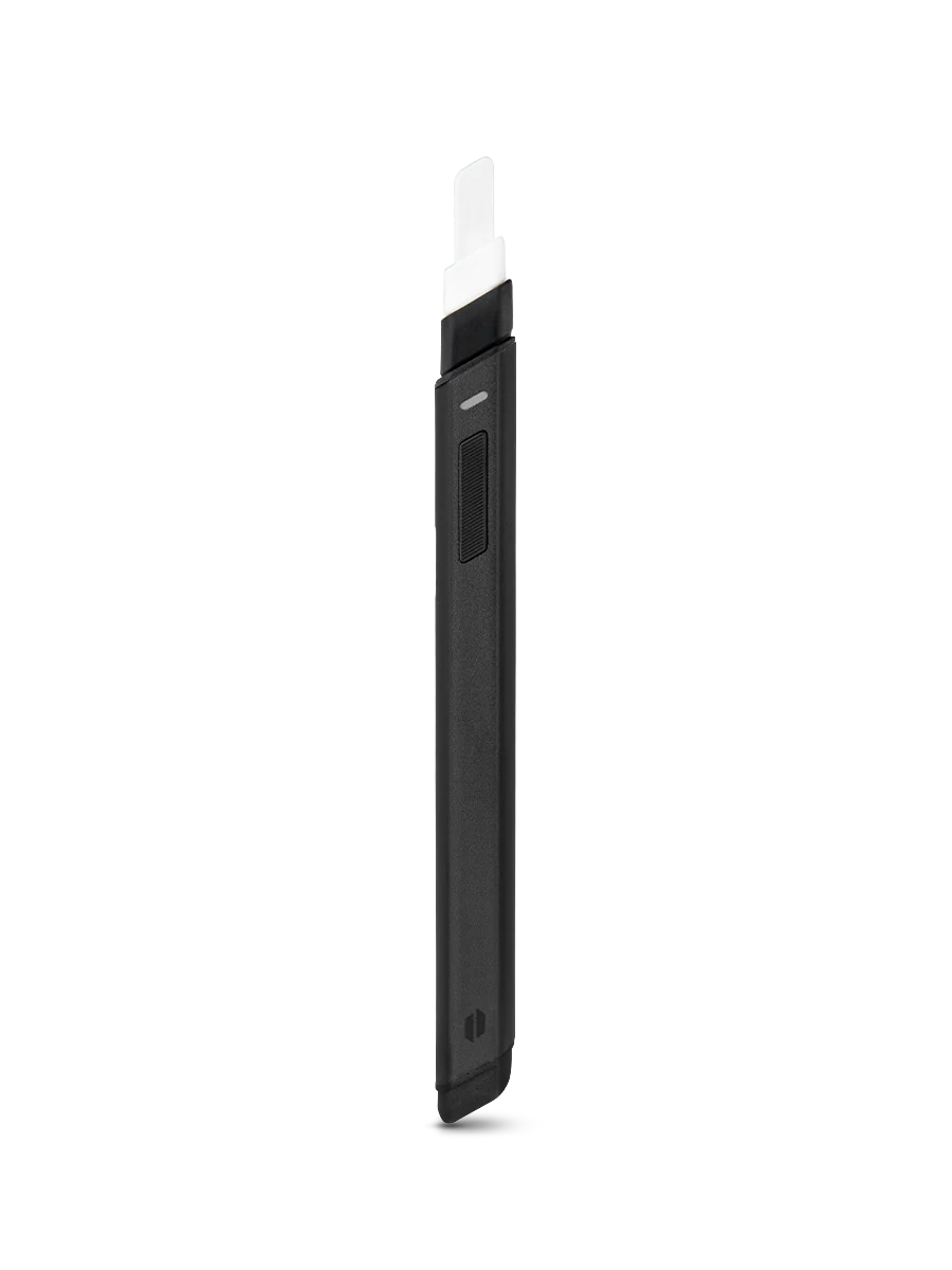 A black electronic device with a white component, possibly a stylus or pen, is shown against a black background.
