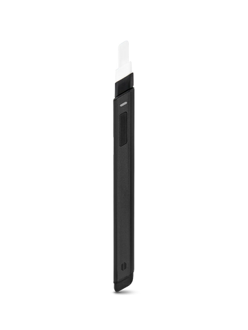 A black electronic device with a white component, possibly a stylus or pen, is shown against a black background.