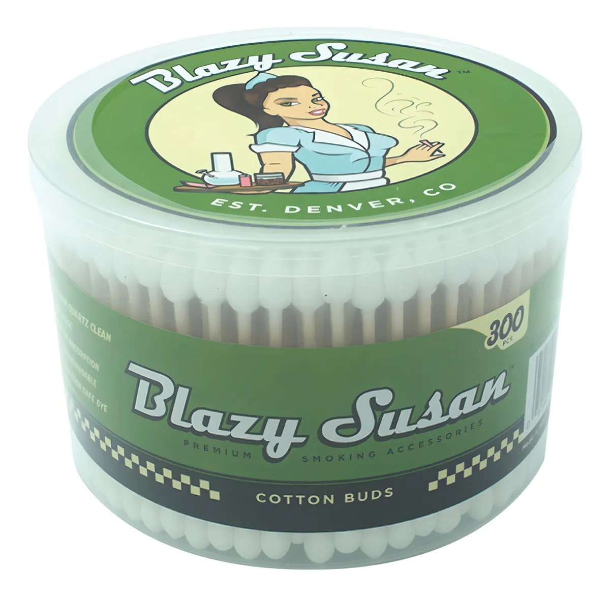 A container of 300 cotton buds from the brand Blazy Susan, with a label featuring a cartoon woman.