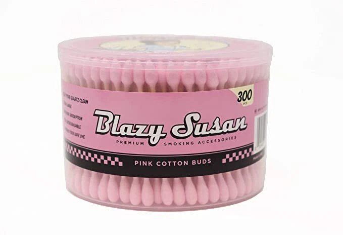 A clear plastic container filled with pink cotton swabs, labeled as "Blazys Susan" and "Premium Smoking Accessories".