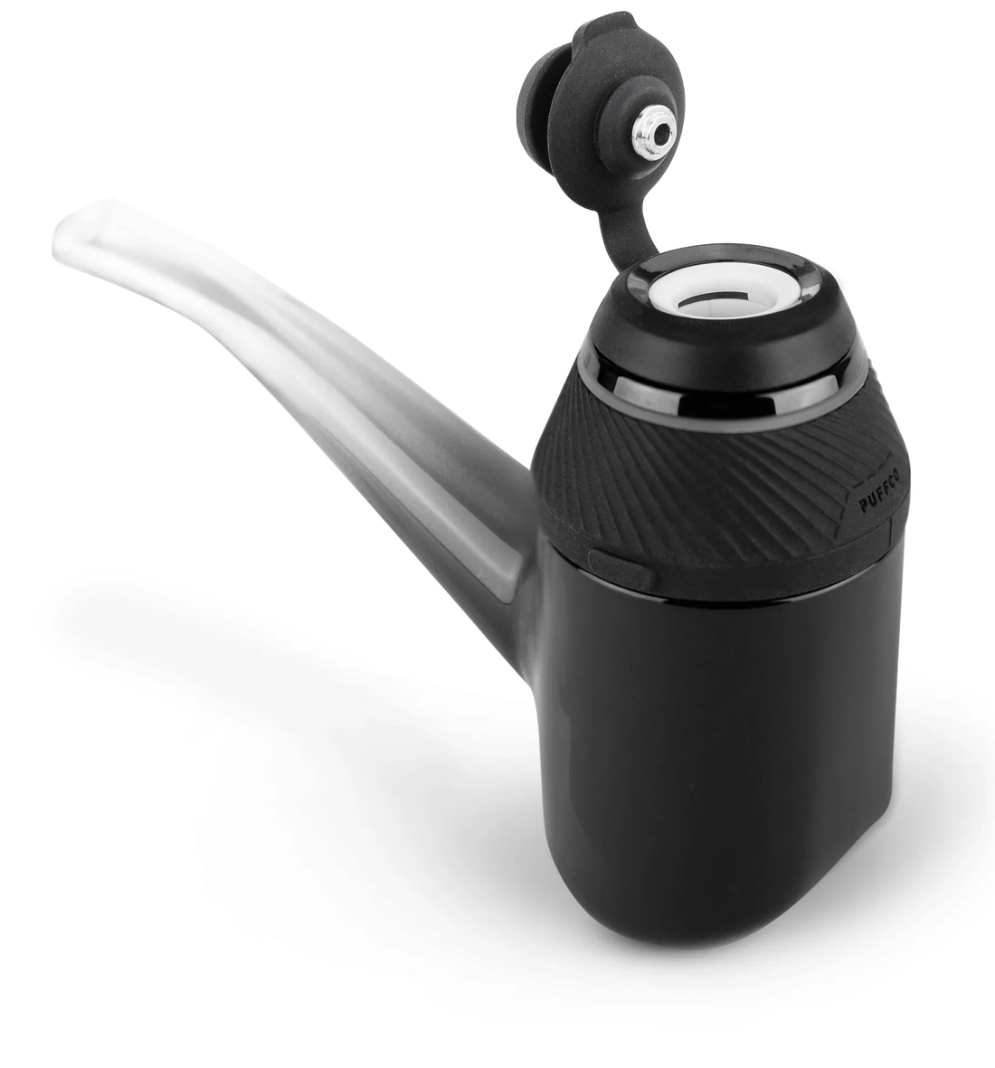 A black and clear pipe-like object with a curved shape and a black cap on top.