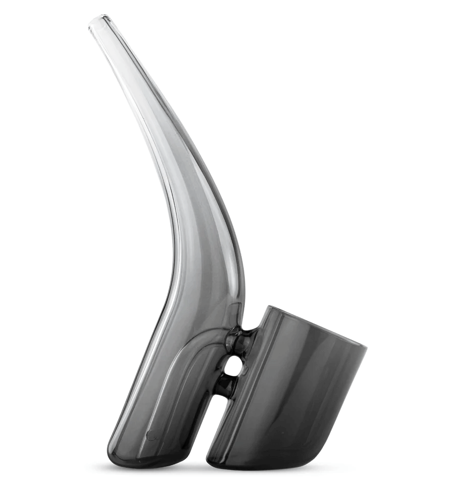 A modern, sleek black glass pipe with a curved, elongated design.