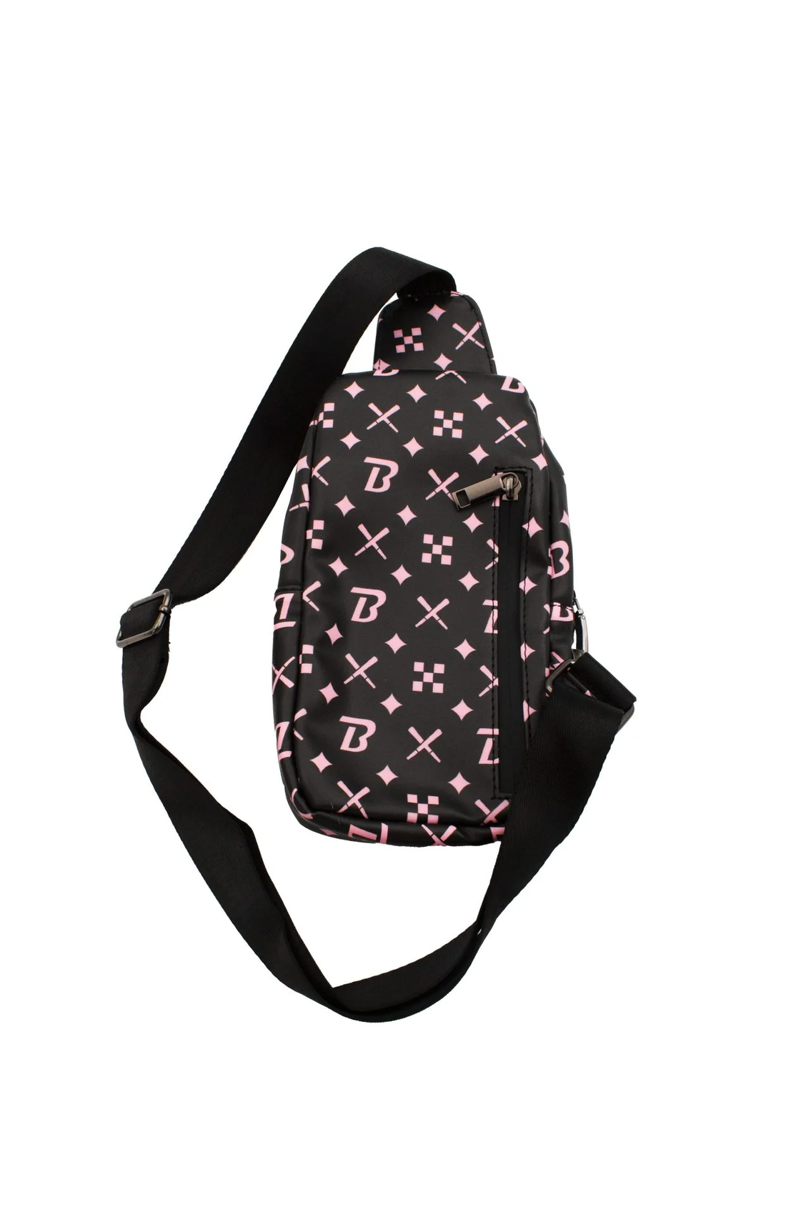 A black crossbody bag with a pink pattern and the letter "B" printed on it.