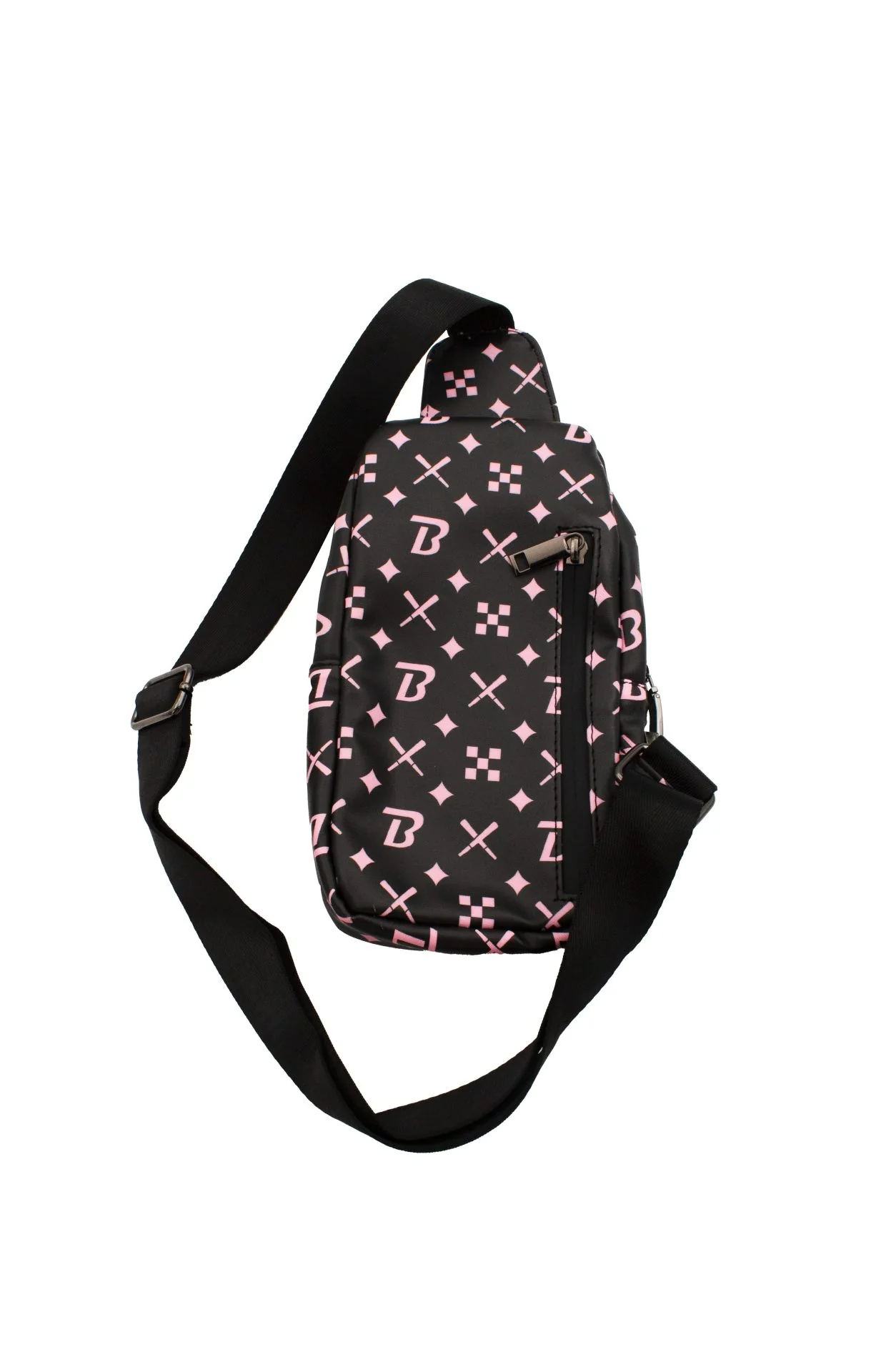 A black crossbody bag with a pink patterned design.