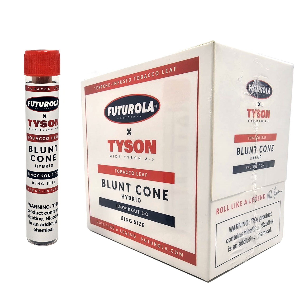 a tube of Futurola Tyson cigarette and a box of Futurola Tyson Blunt Cone Hybrid cigarettes.