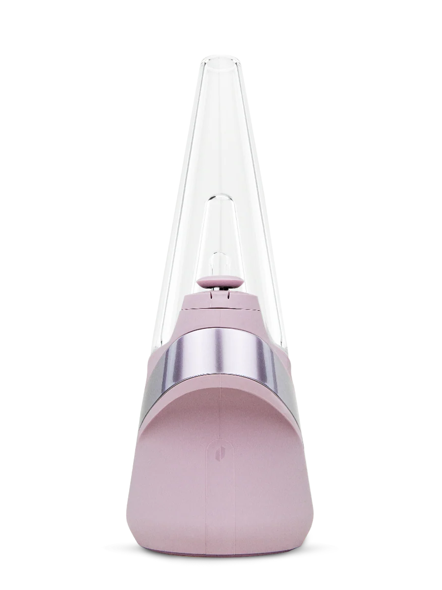 A pink electronic device with a clear glass tube and a silver base, standing upright against a black background.