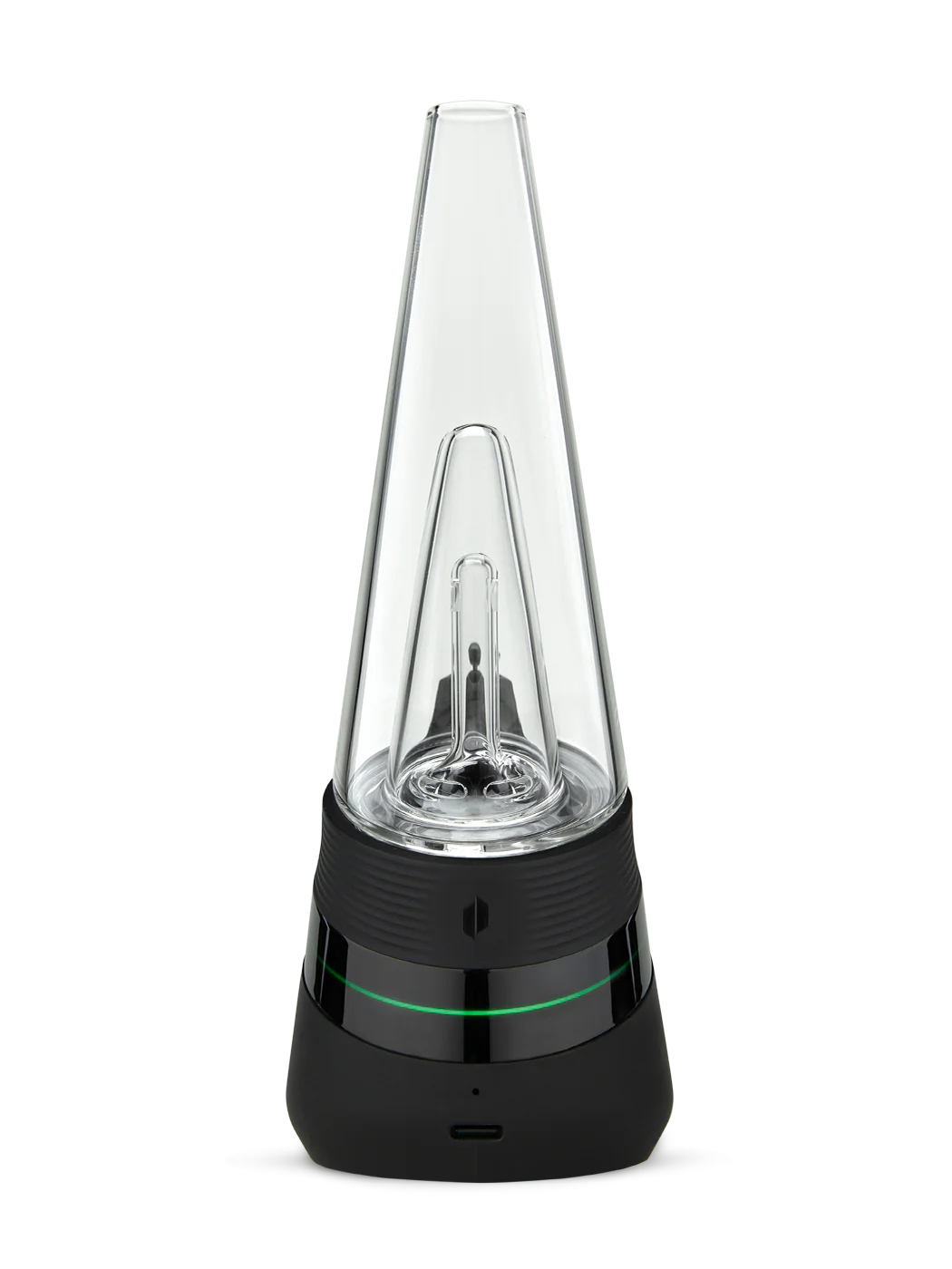A clear glass device with a pointed top, likely a piece of electronic equipment, against a black background.