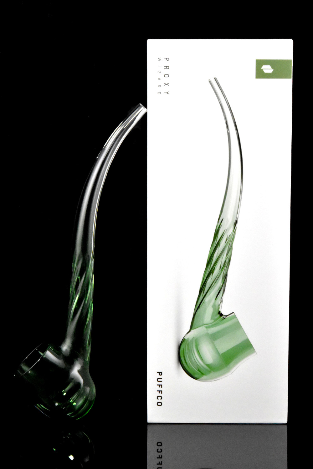 A green glass pipe with a curved shape and a white box with a green logo next to it.