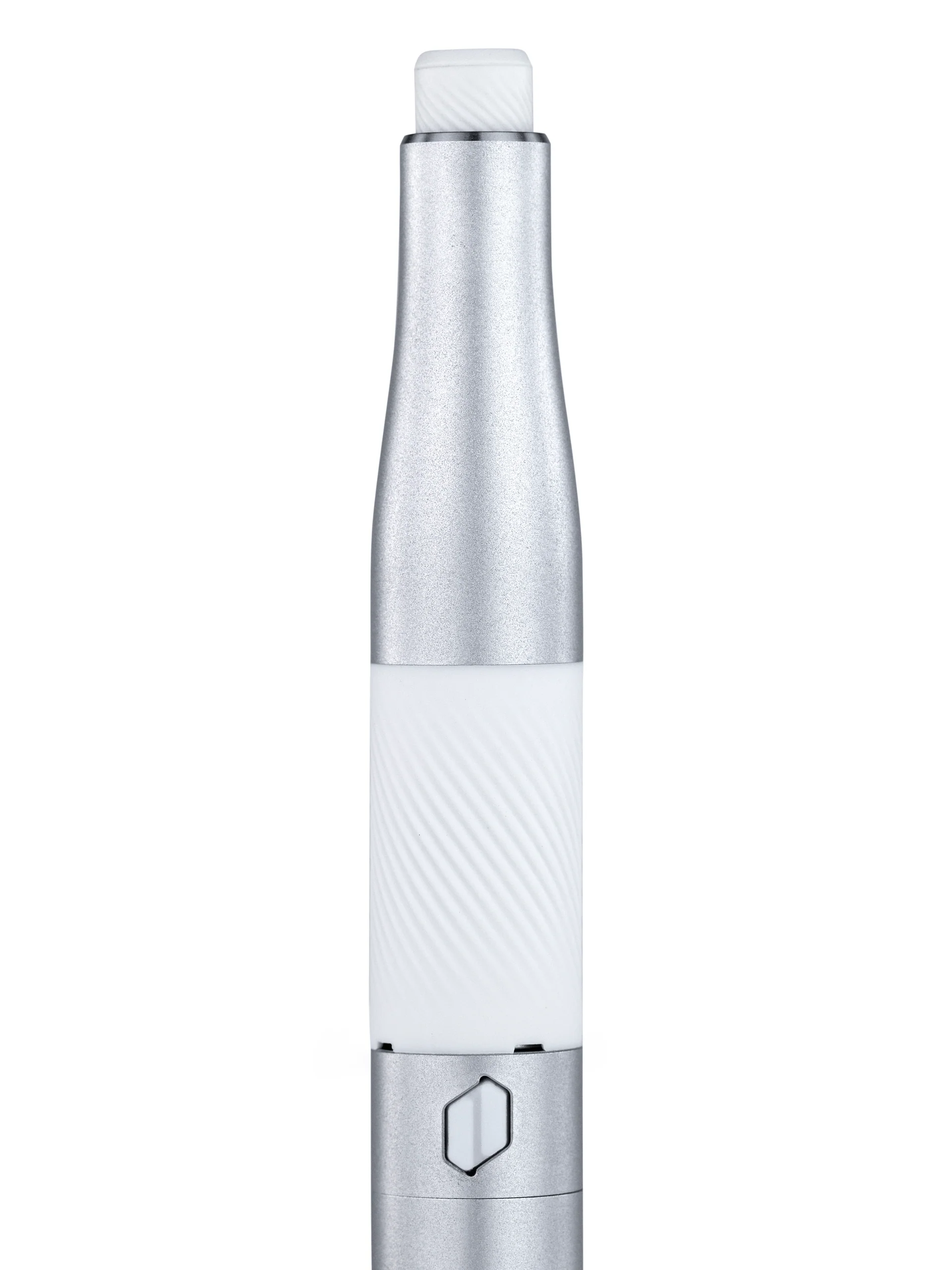 A silver and white electronic device with a hexagonal logo on the bottom.