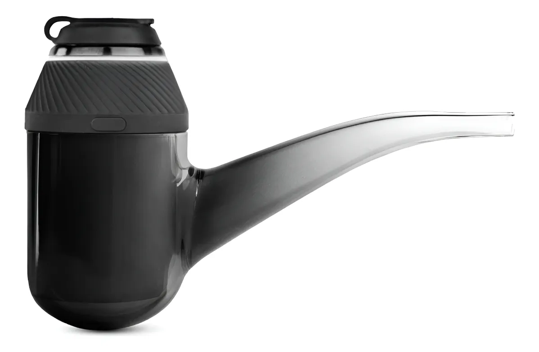 A black and clear pipe-like object with a curved shape and a black cap on top.