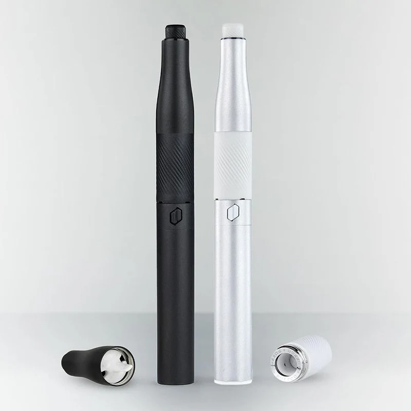 two electronic cigarette devices, one black and one silver, placed side by side against a white background.