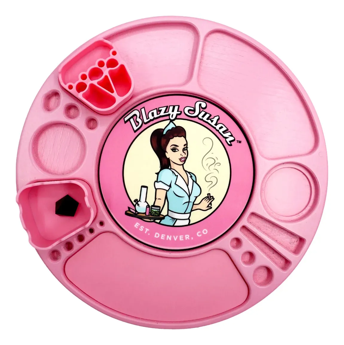 A pink circular tray with a cartoon illustration of a woman and the text "Blazys Susan" on it.