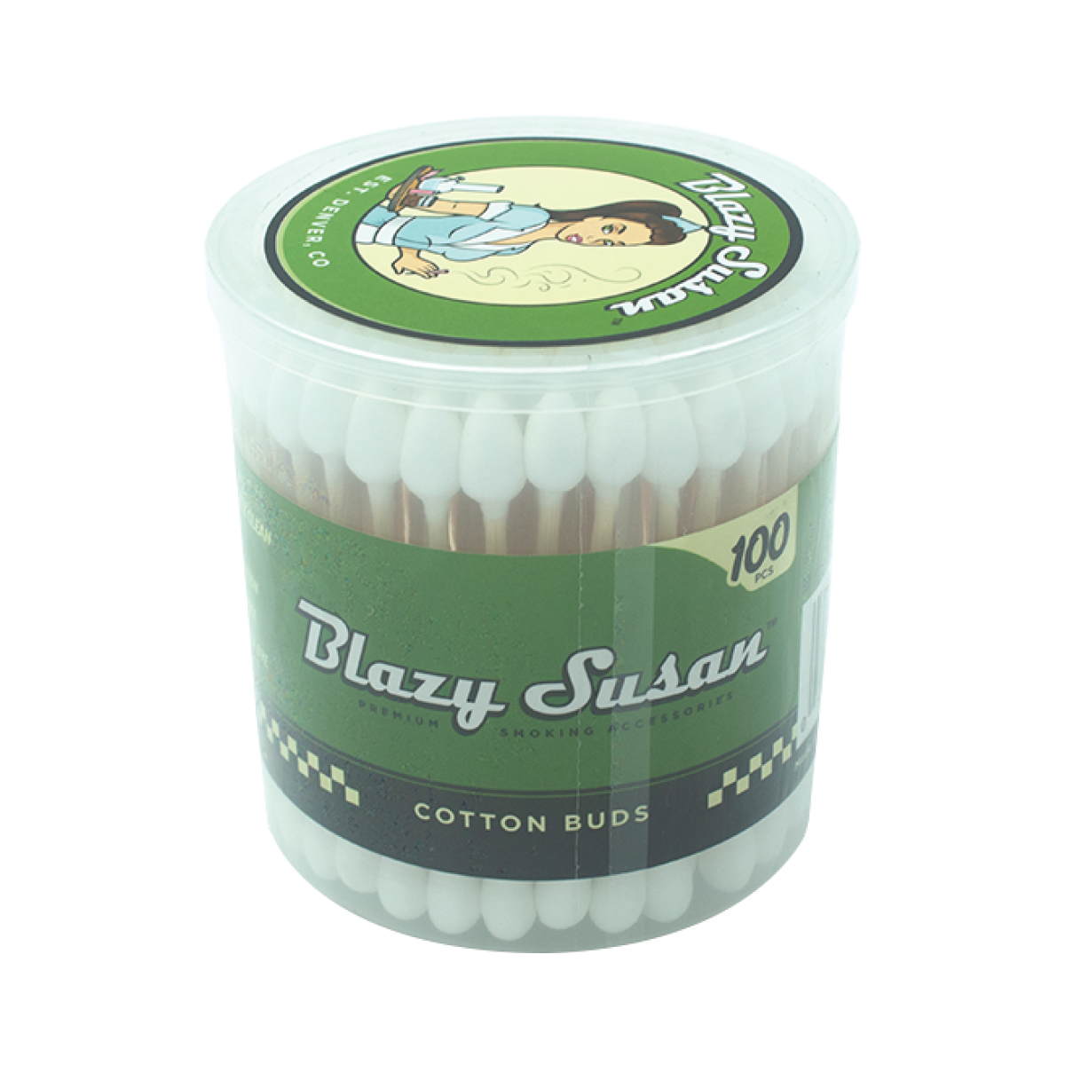 A cylindrical container filled with 100 cotton buds, labeled as "Blazys Susan" and "Premium Smoking Accessories".
