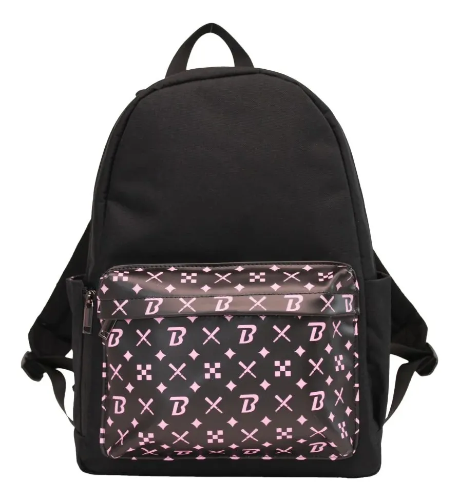 A black backpack with a pink and white patterned design on the front pocket.
