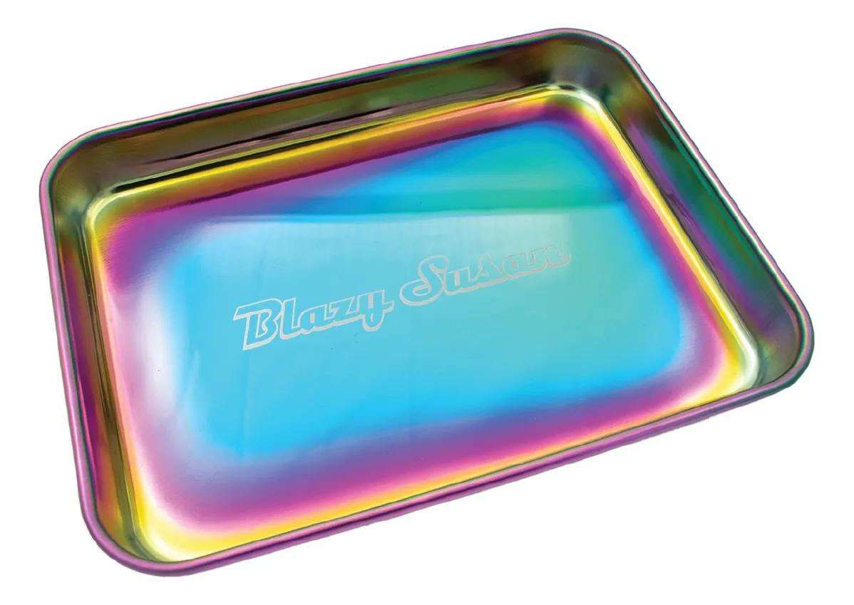 A metallic tray with a rainbow-colored iridescent surface, featuring the text "Blazys Susan" printed on it.