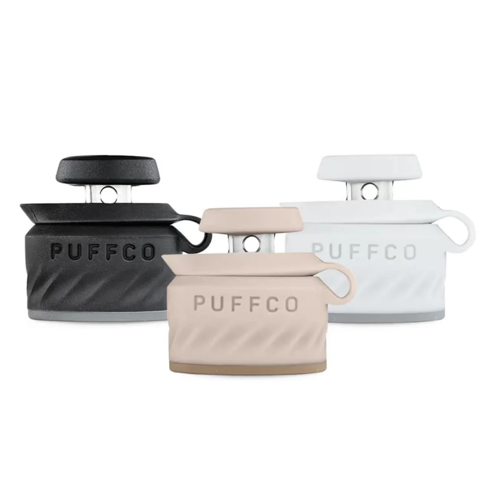 Three different colored Puffco kitchen gadgets, including a black, a beige, and a white version, with the brand name "Puffco" printed on them.