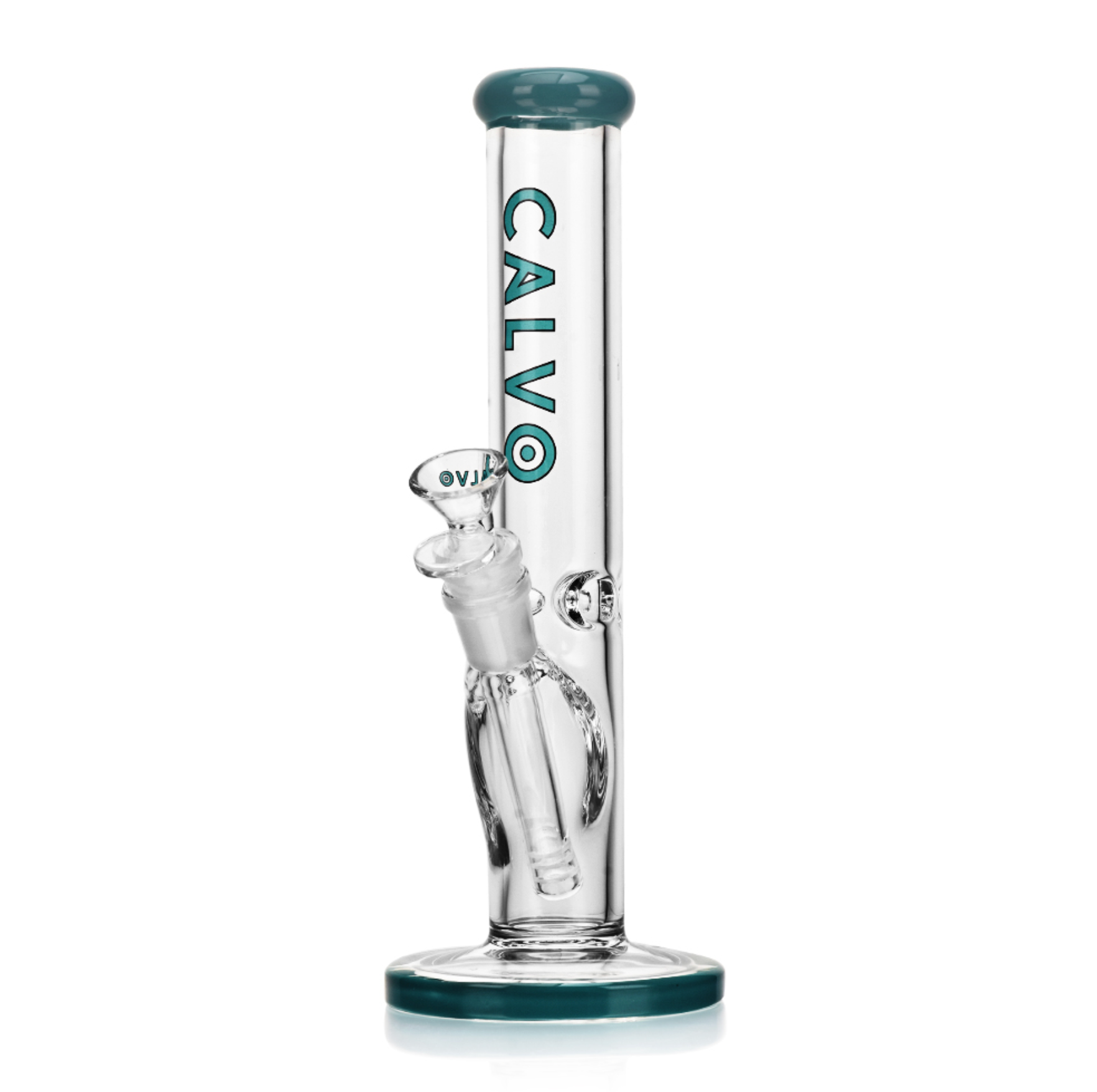 A clear glass pipe with a green cap, featuring the word "CALVO" printed on it.