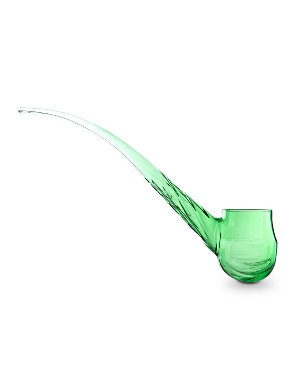 A green glass pipe with a curved, pointed end is shown against a white background.