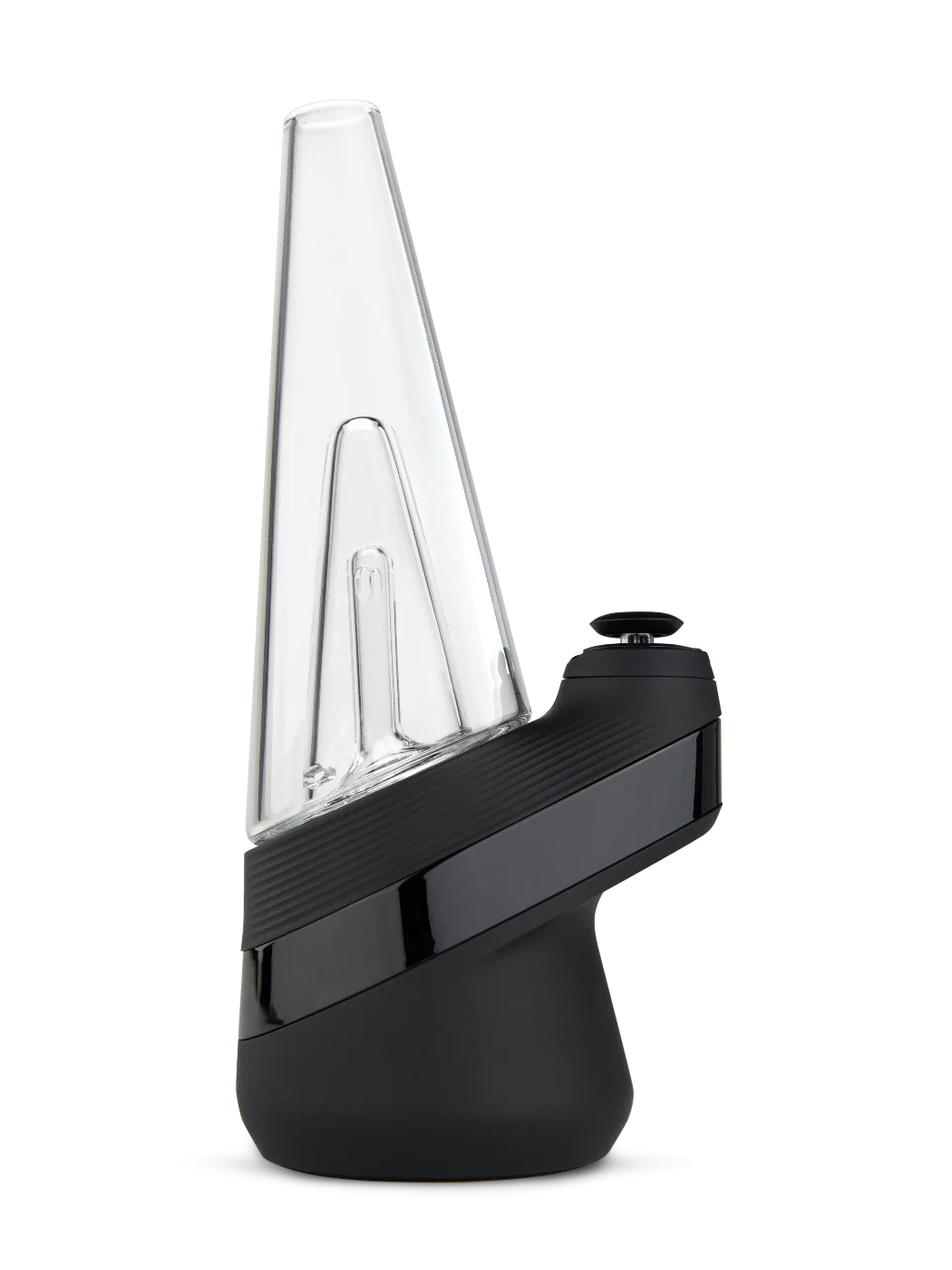 A black and clear electronic device with a pointed top, likely a piece of electronic equipment or a small appliance.