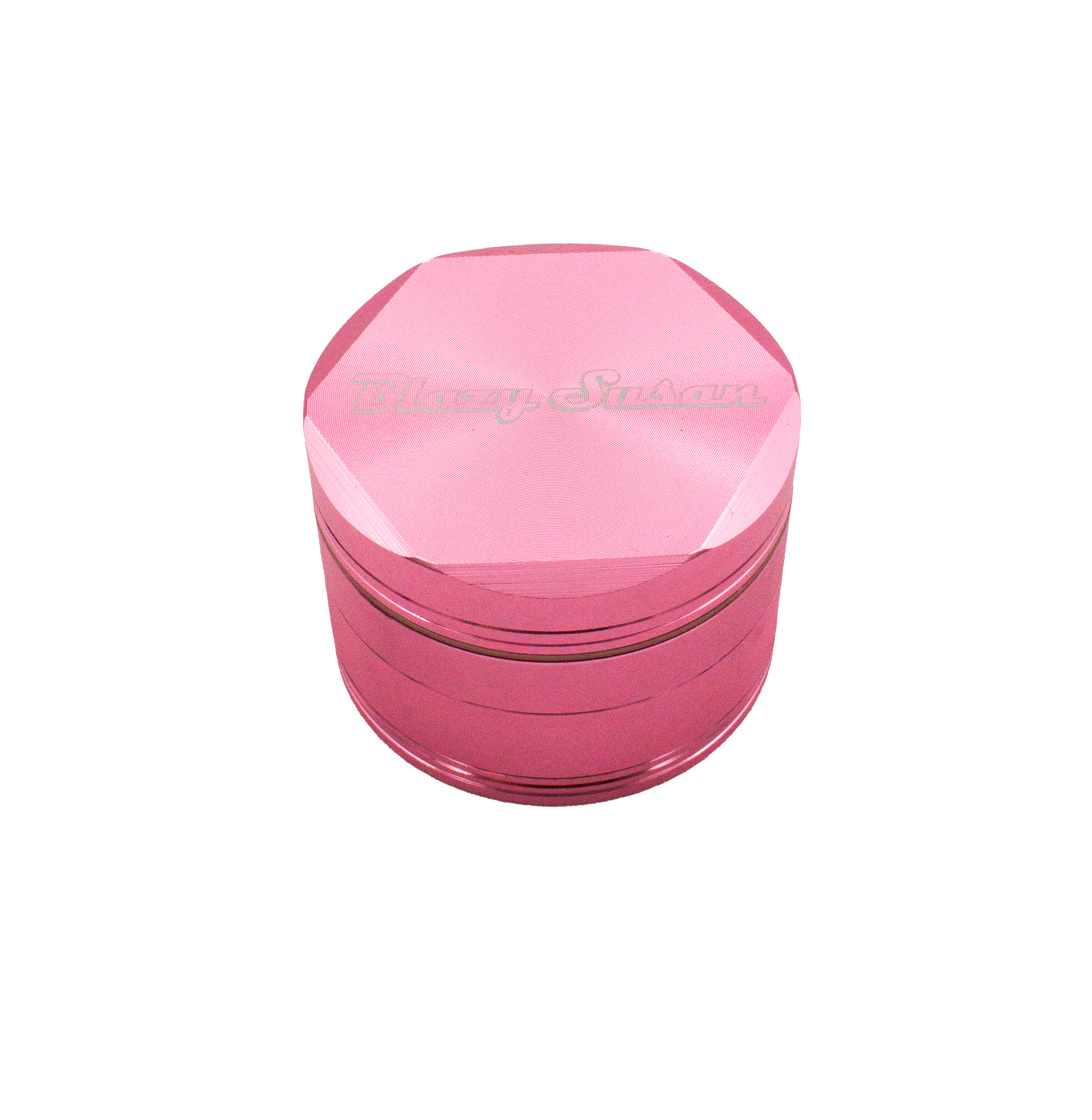 A pink, hexagonal-shaped container with the text "Blazy Susan" printed on it.