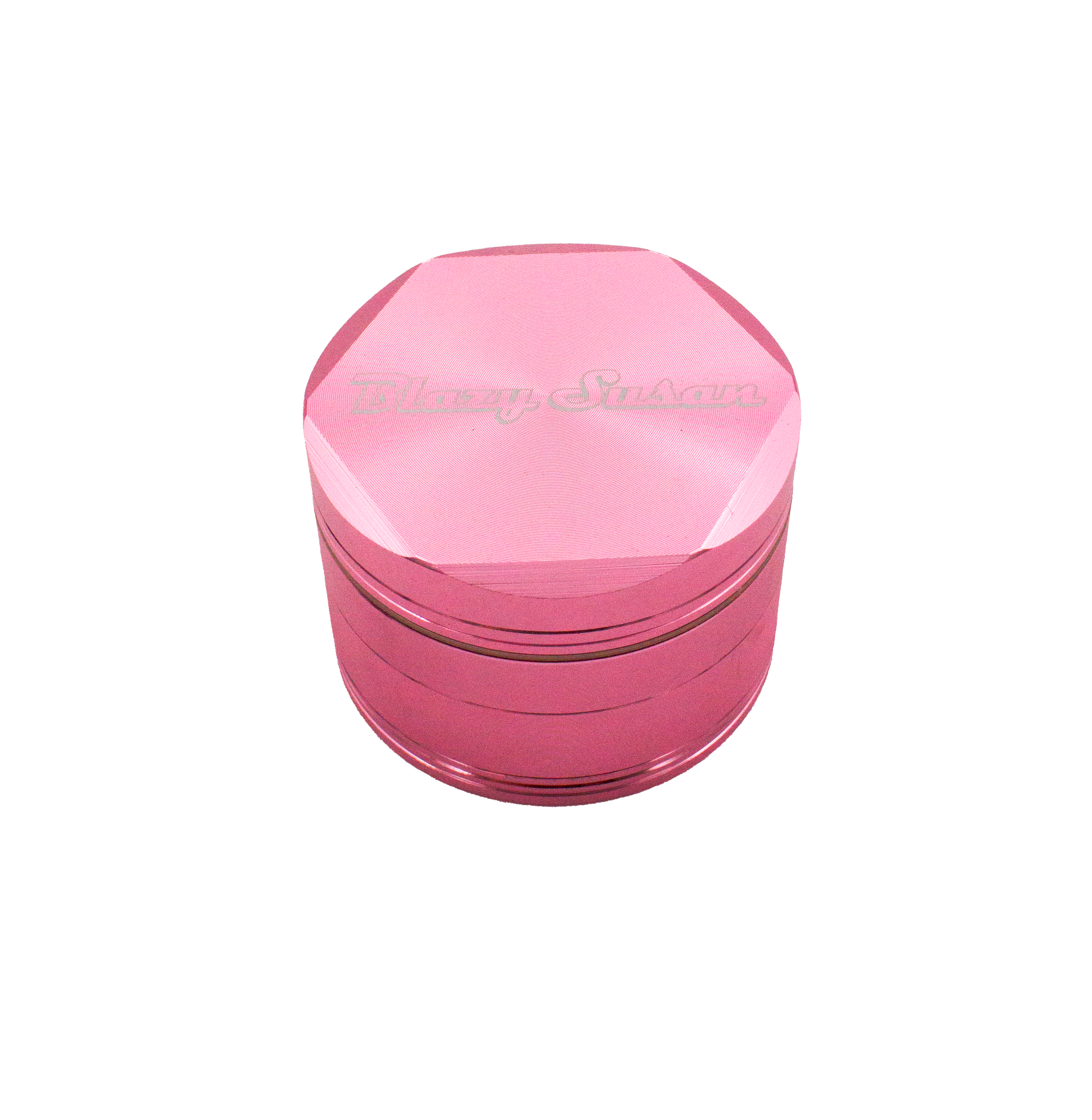 A pink, hexagonal-shaped container with the text "Blazy Susan" printed on it.