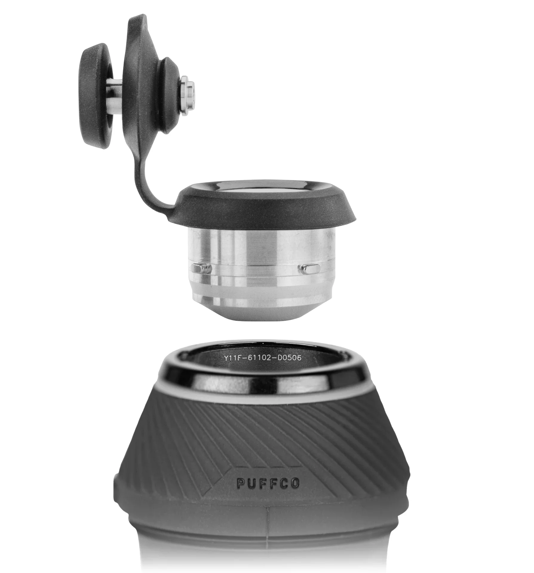 a close-up view of a camera lens and its detached mount, with the mount labeled "PUFFCO".