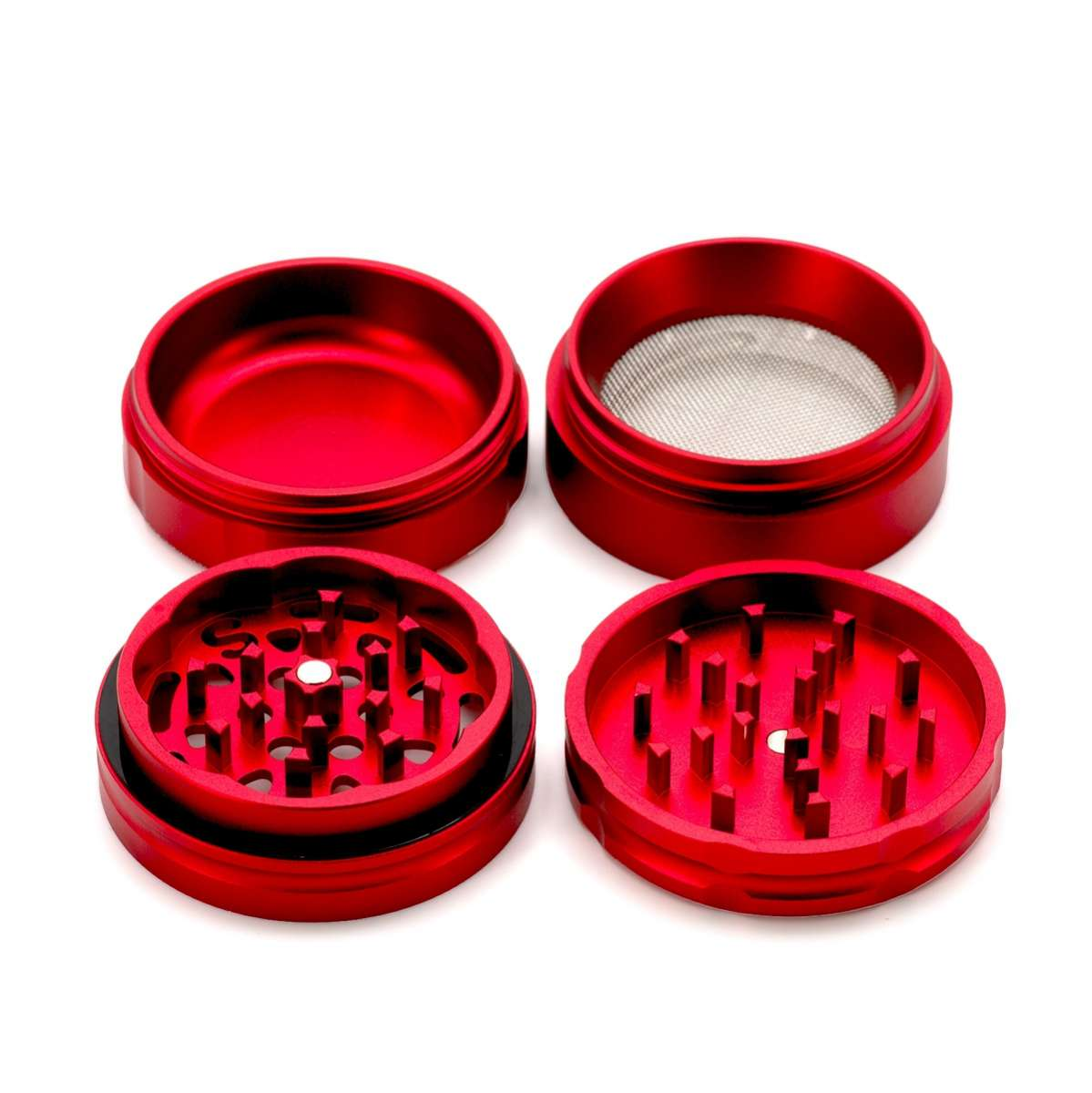 a set of red metal grinders with various sizes, including a small one and a larger one with a mesh screen.