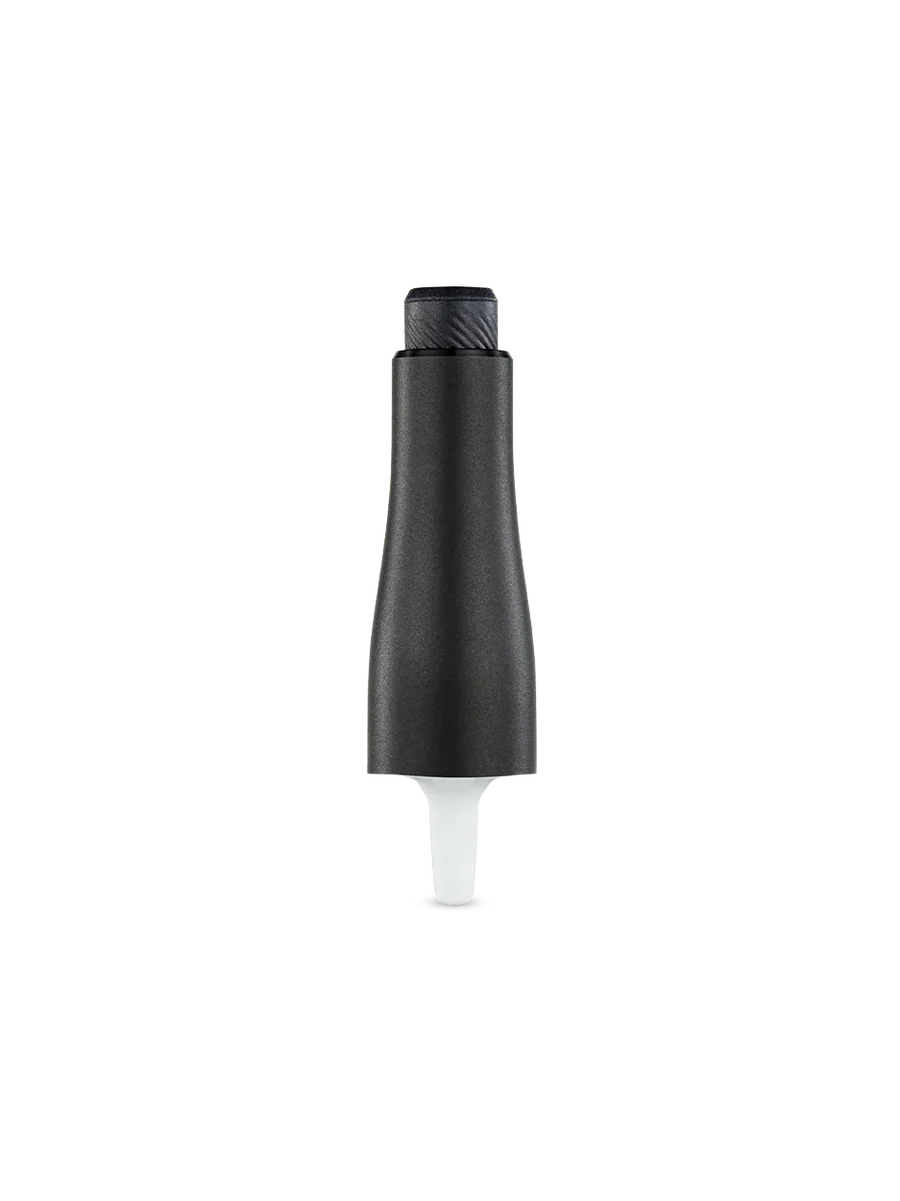 A black and white image of a black object with a white tip, standing alone against a black background.