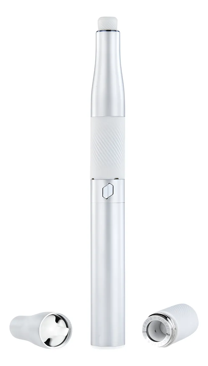 A silver electronic cigarette device with a white body and a white cap.