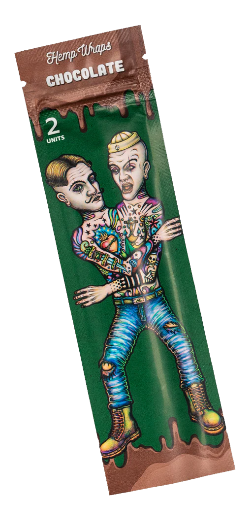 The image is a package of Hemp Wraps chocolate, featuring a colorful illustration of a man with tattoos and a chocolate bar.