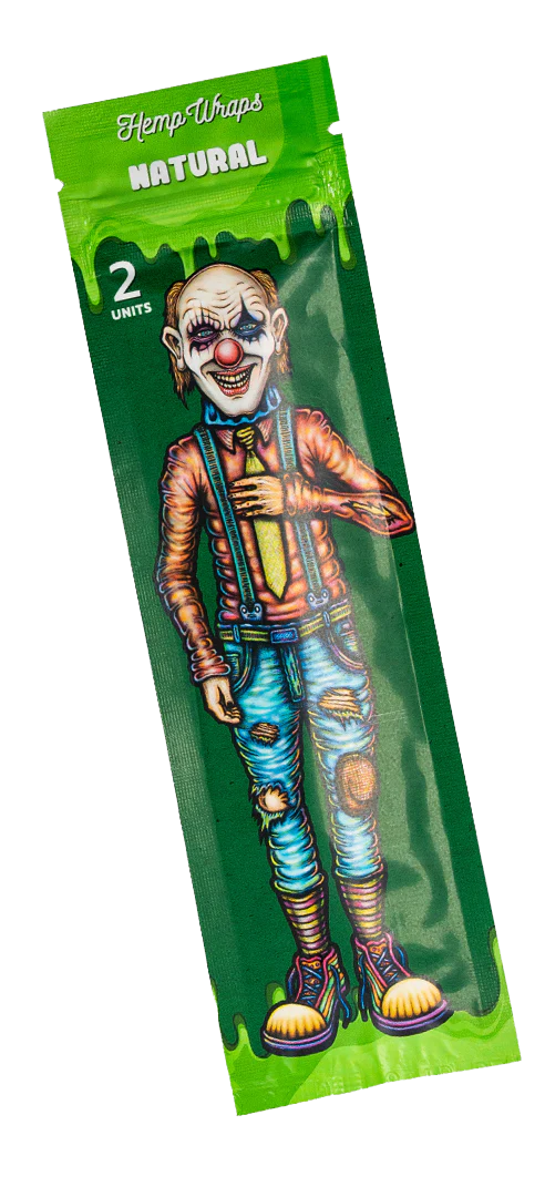 A package of Hemp Wraps Natural products, featuring an illustration of a clown-like character.