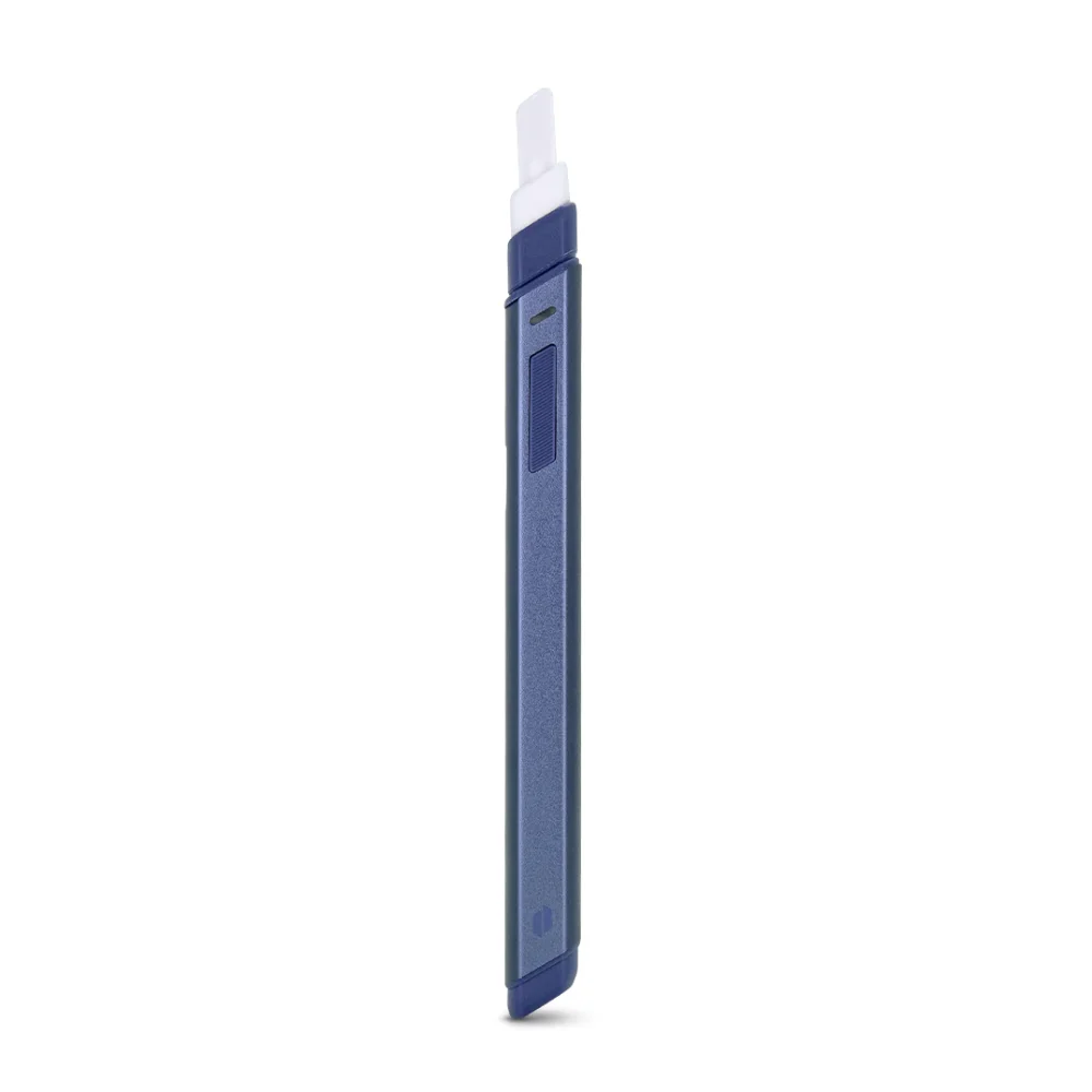 A blue and white electronic device, possibly a pen or stylus, is shown against a white background.