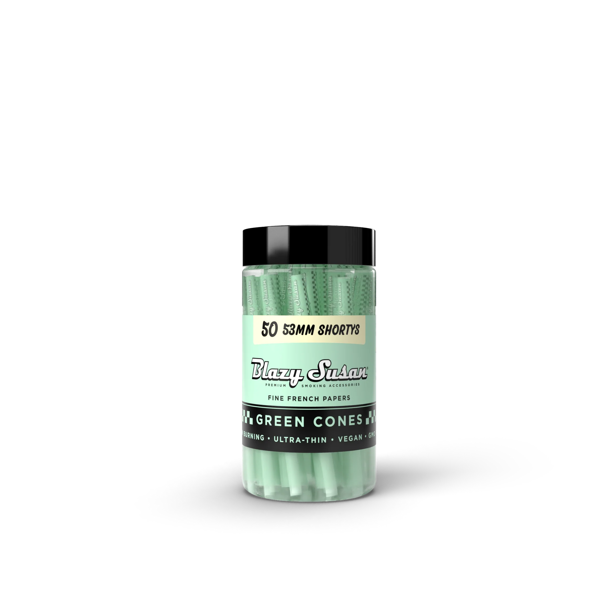 A jar of 50 53mm short tobacco pipes, labeled as "Blazzy Susan's Fine French Papers" and "Green Cones".
