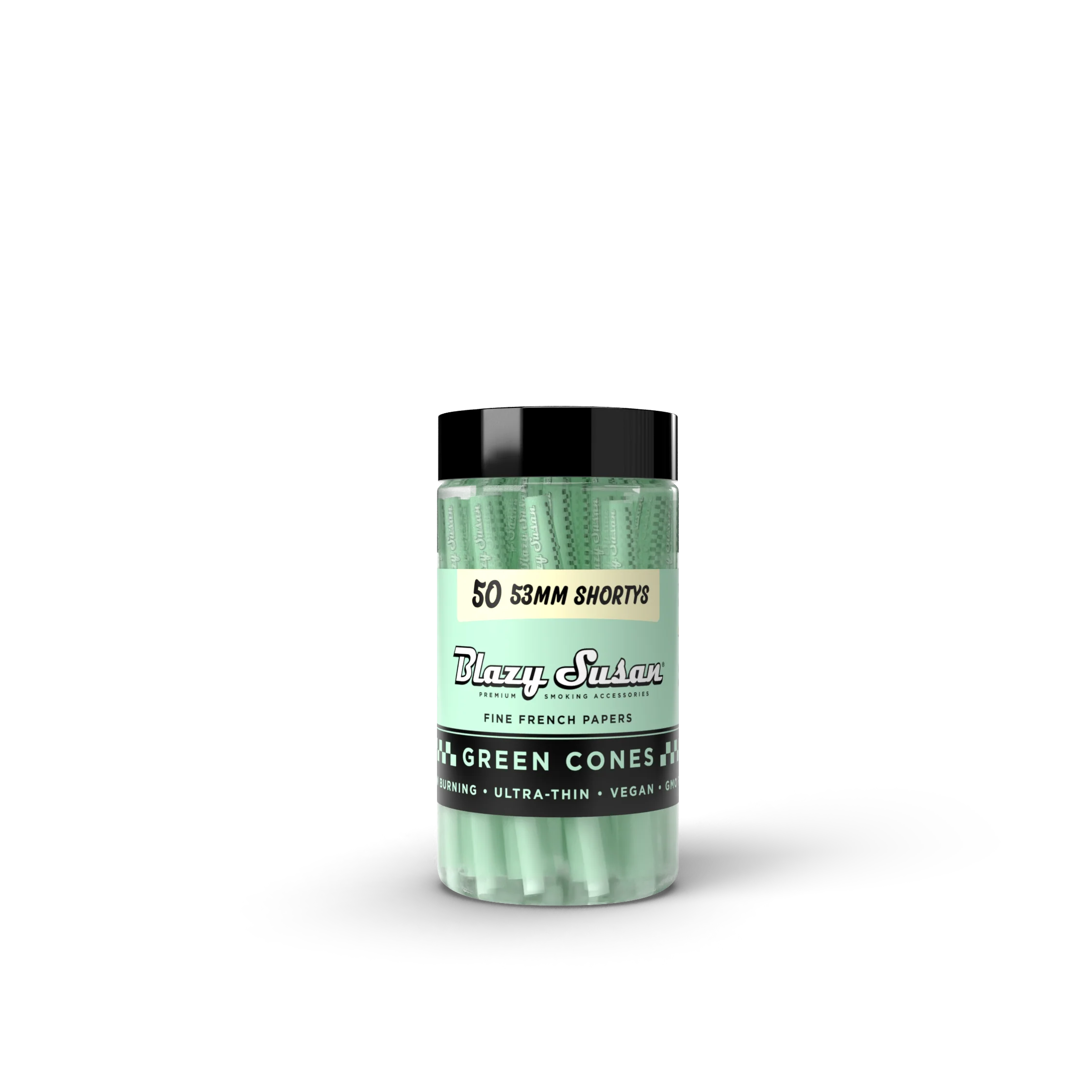 A jar of 50 53mm short tobacco pipes, labeled as "Blazzy Susan's Fine French Papers" and "Green Cones".