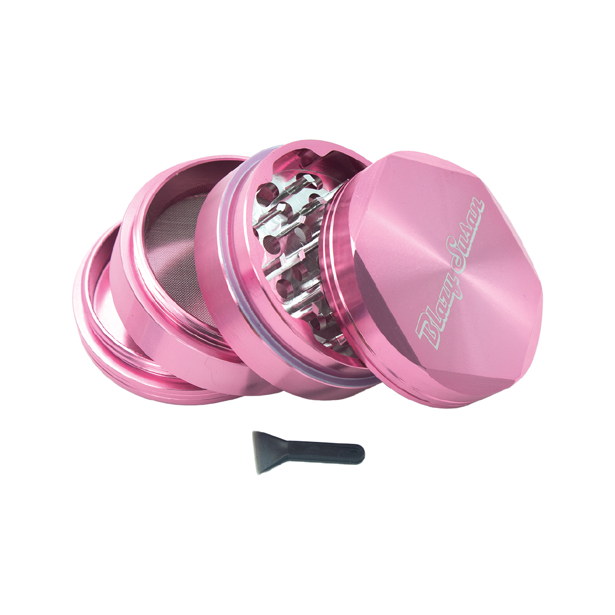 A pink metal grinder with a black plastic tool on a white background.