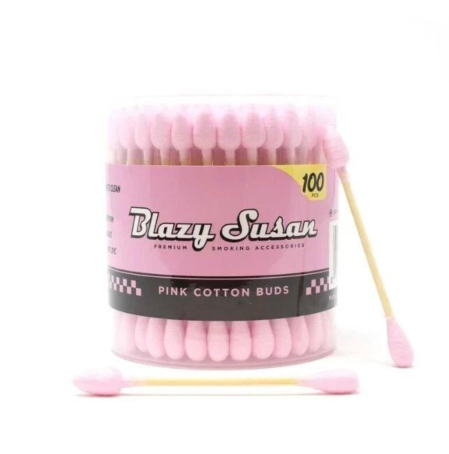 A container of pink cotton buds with a label that reads "Blazy Susan 100% Premium Smoking Accessories".