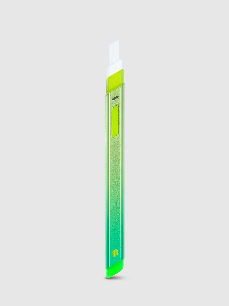 A green and white electronic device, possibly a stylus or pen, is shown against a plain white background.