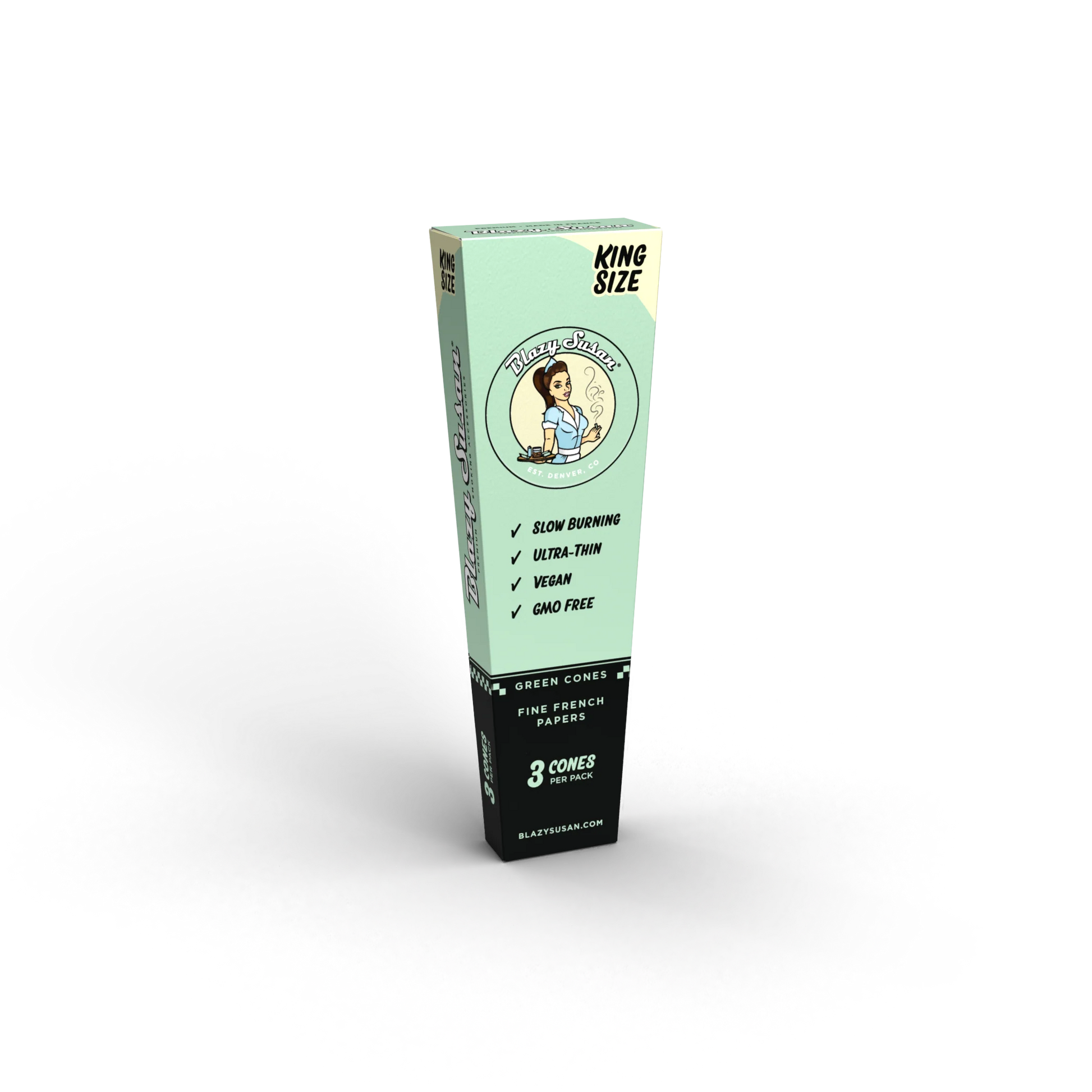 A box of King Size Green Tea Cones, a product from Blas Susan, with a green and white color scheme.