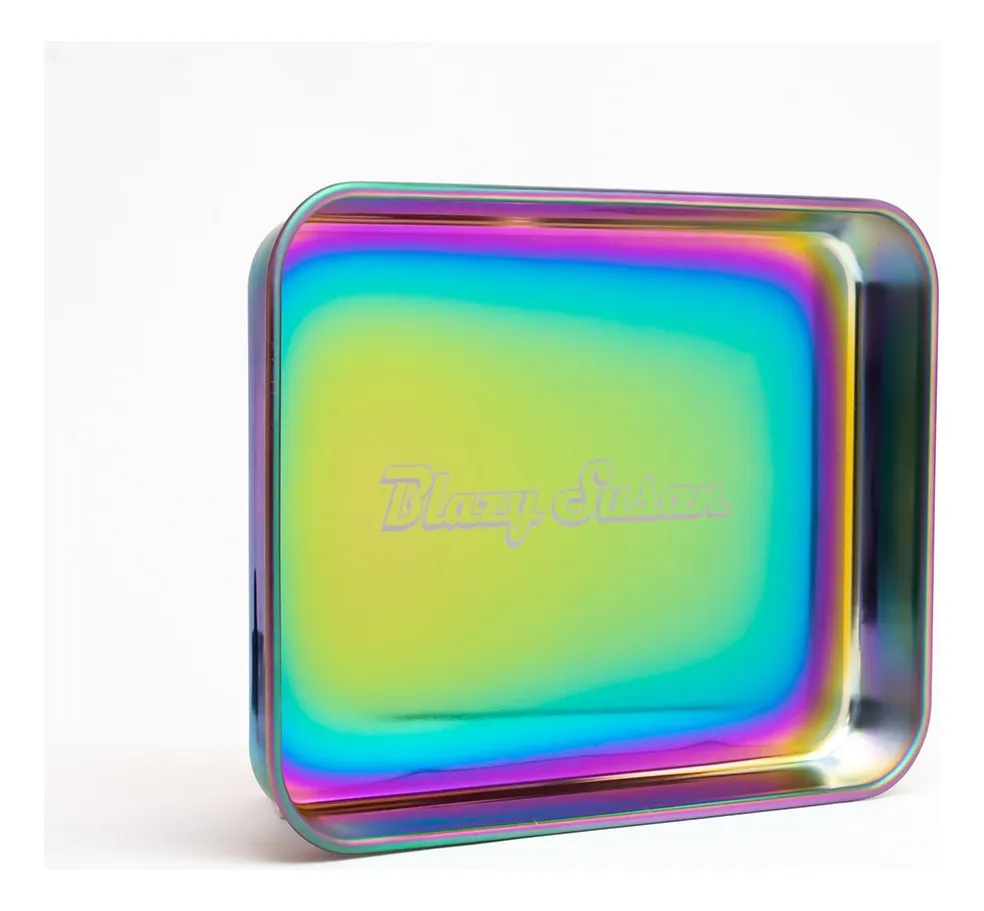 A colorful metal tray with a rainbow gradient background and the text "Blazys" printed on it.