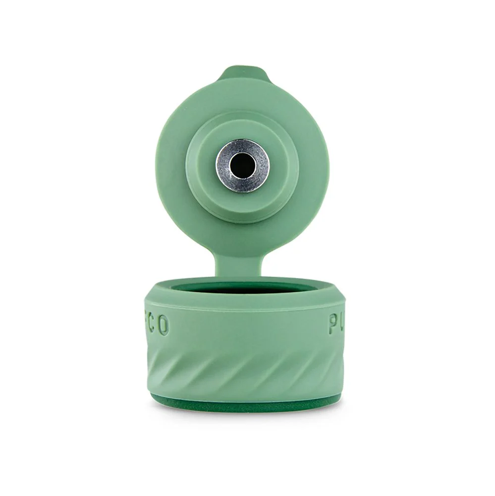 A green lid with a silver screw on top, designed to fit into a green container with a textured bottom.