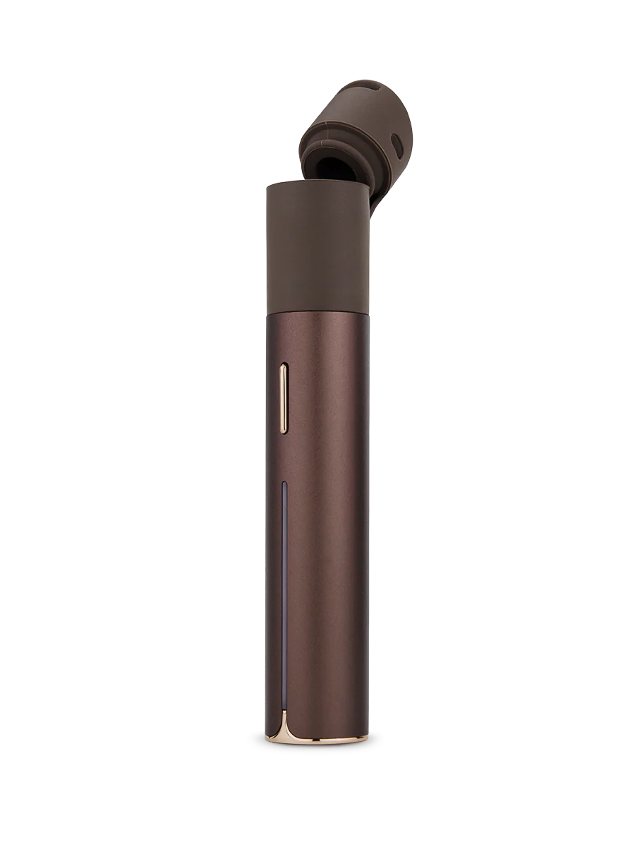 A brown electronic device with a sleek, modern design is shown against a black background.