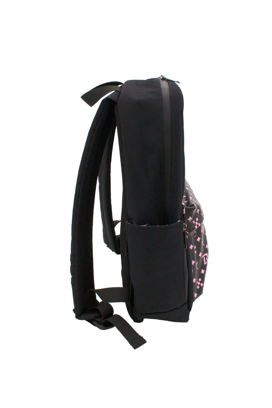 A black backpack with a pink and white patterned design on the front pocket.