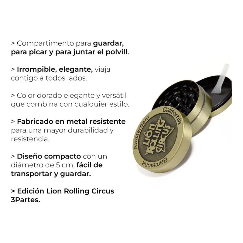 Grinder Gold 3 Partes Metal 50mm Lion Rolling Circus Dorado
