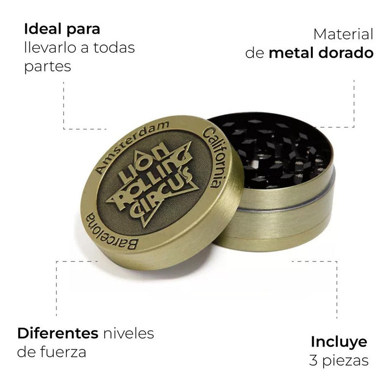 Grinder Gold 3 Partes Metal 50mm Lion Rolling Circus Dorado