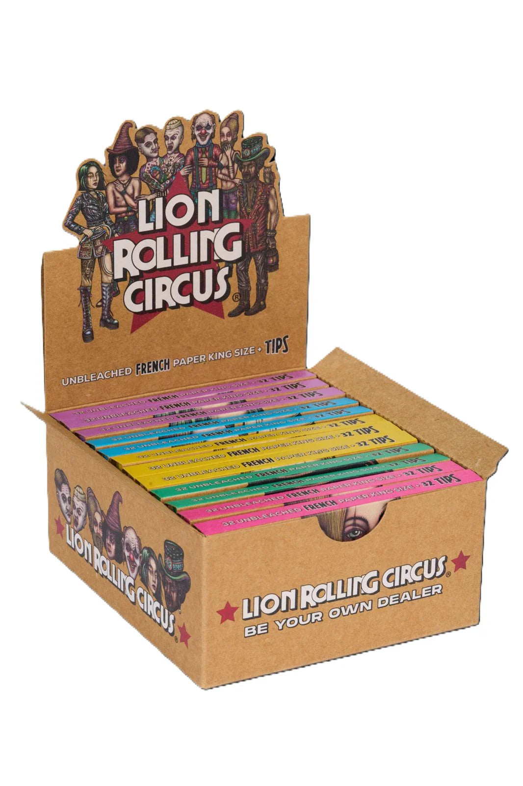 Papel De Liar Unbleached King Size 32 Hojas Por paquete con Papel Filtro Lion Rollin Circus