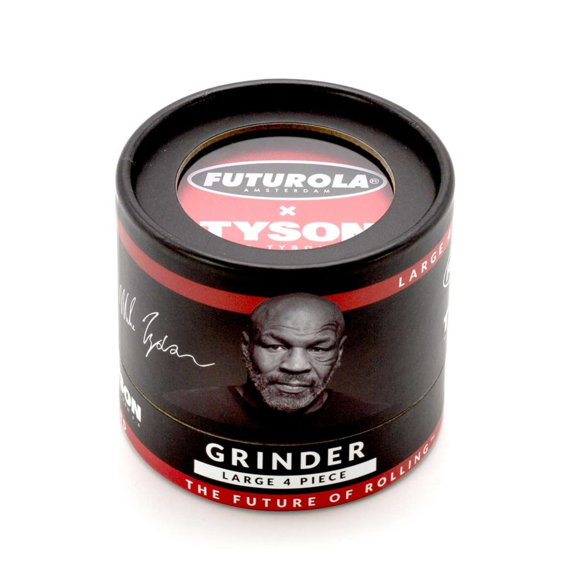 a cylindrical container with a black and red label, featuring a portrait of a man.
