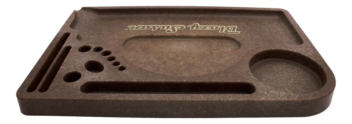 A brown, rectangular tray with various holes and compartments, designed for organizing and storing small items.